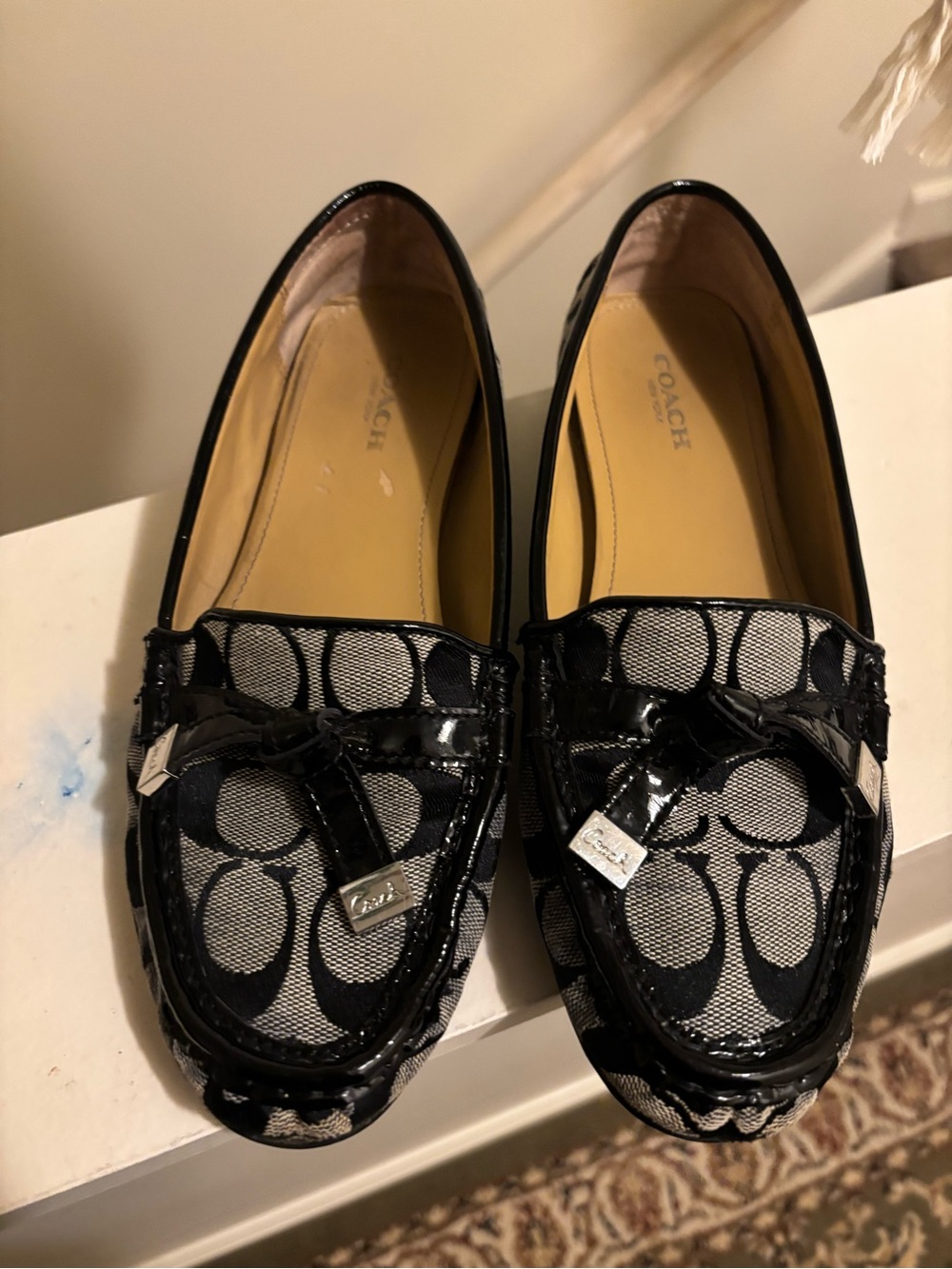 Coach Black and Cream Signature Patent Trim Loafers